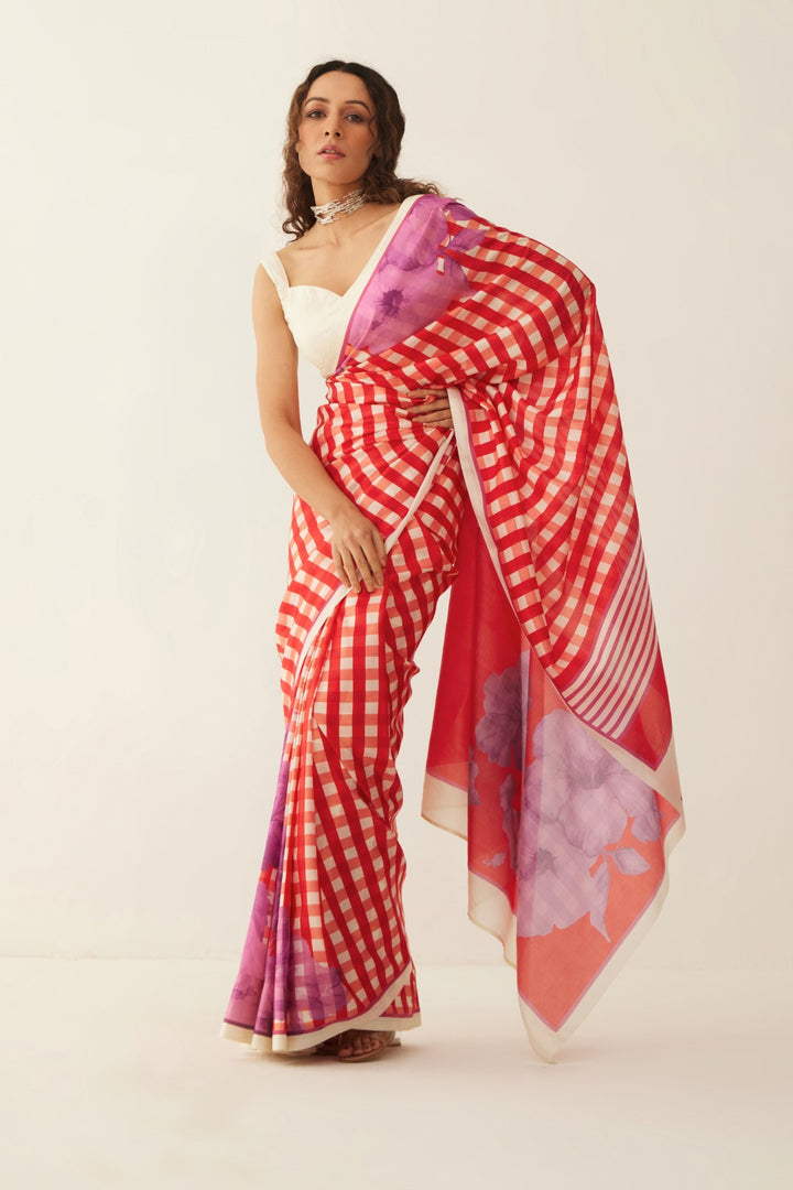 RED AND OFF WHITE GINGHAM CHECKS FLORAL MIX SILK SAREE WITH Blouse