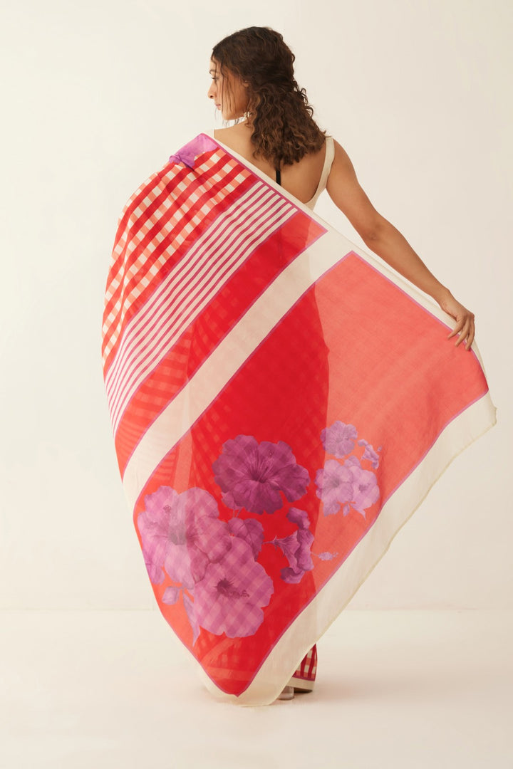 RED AND OFF WHITE GINGHAM CHECKS FLORAL MIX SILK SAREE WITH Blouse