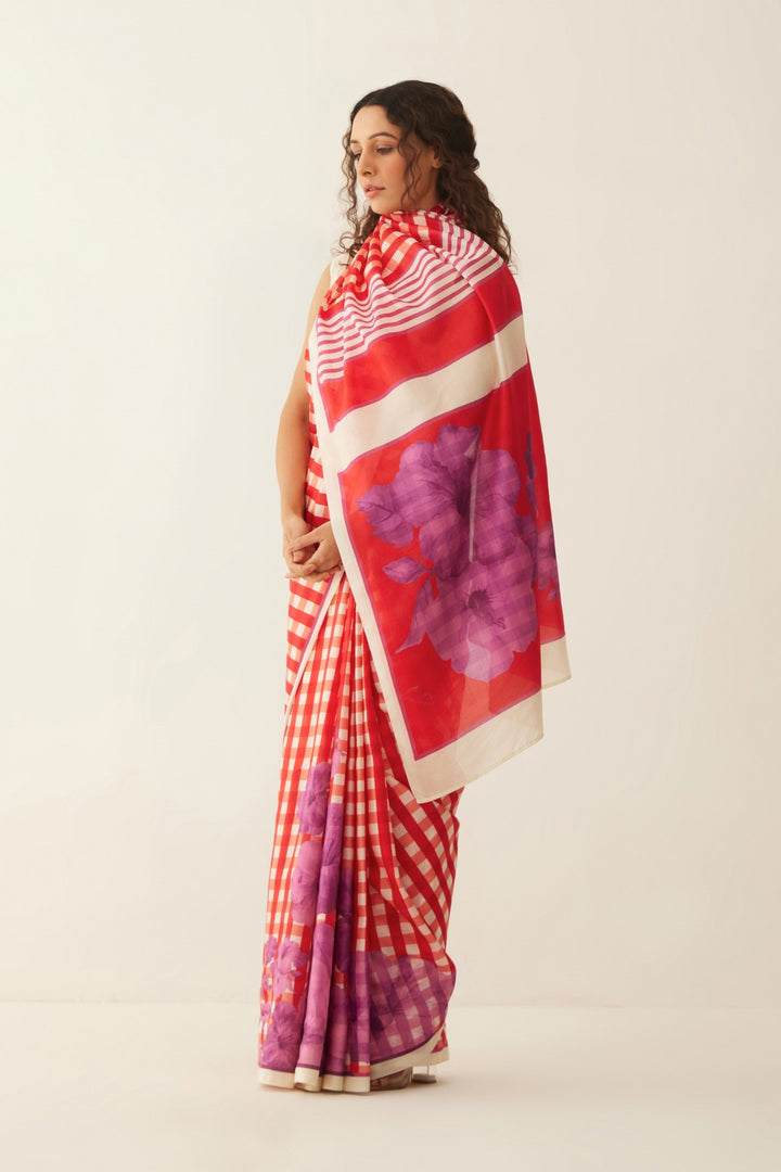 RED AND OFF WHITE GINGHAM CHECKS FLORAL MIX SILK SAREE WITH Blouse