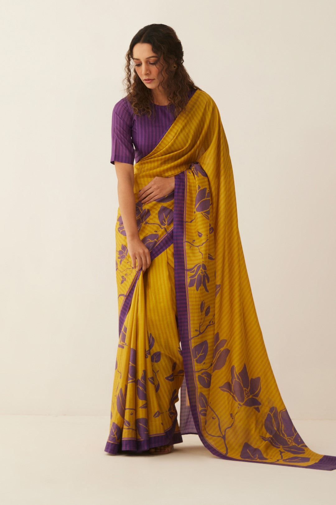 MUSTARD AND PURPLE MAGNOLIA FLORAL SILK SAREE WITH SILK BLOUSE