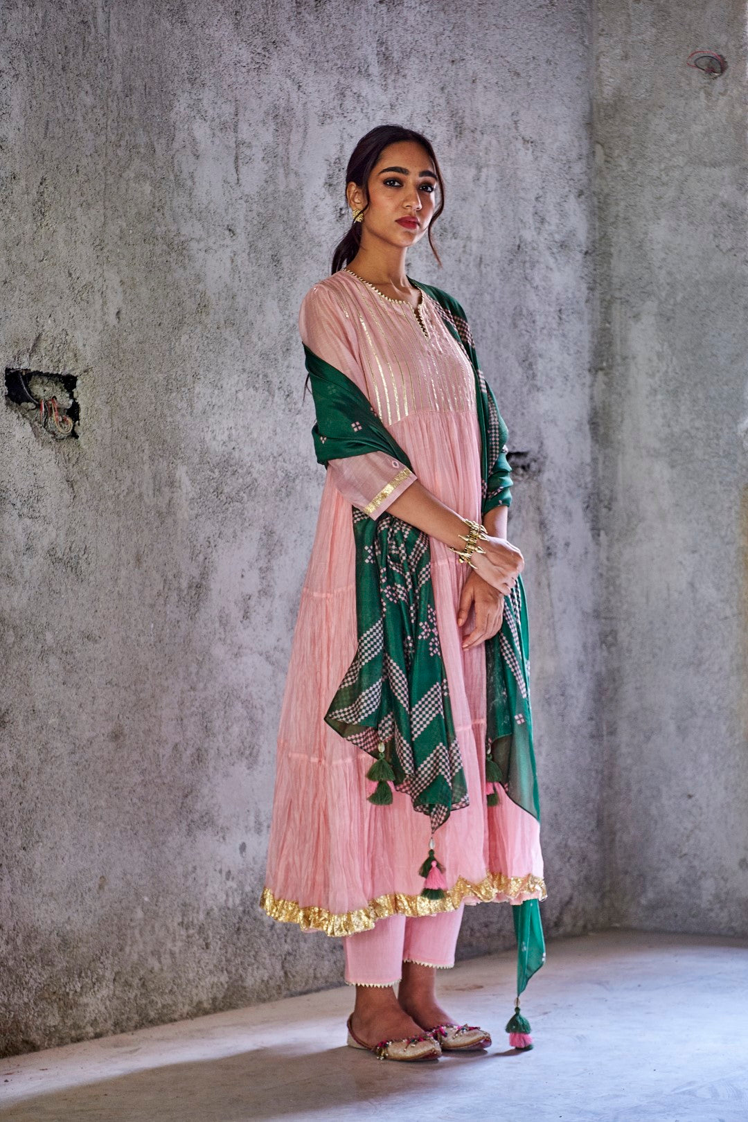 BABY PINK HANDWOVEN CHANDERI PADMANI ANARKALI WITH GOTA DETAILING