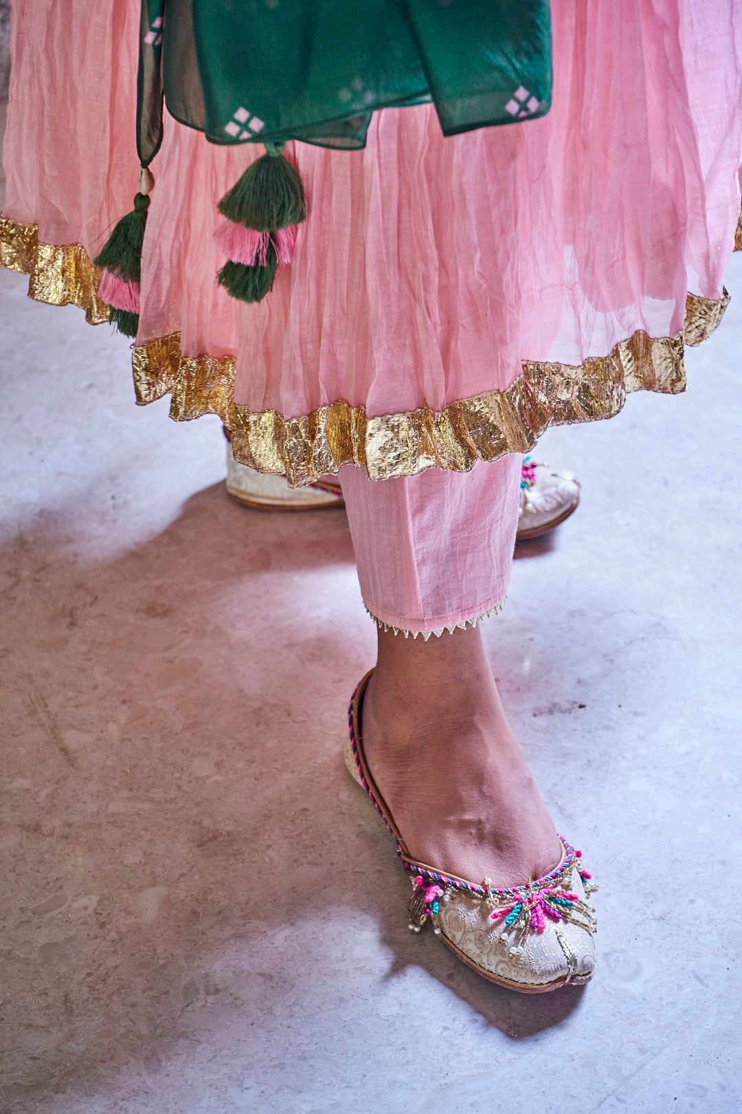 BABY PINK HANDWOVEN CHANDERI PADMANI ANARKALI WITH GOTA DETAILING