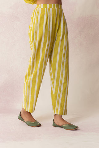 BAHAAR OLIVE COTTON WHITE DISCHARGE STRIPE PANT