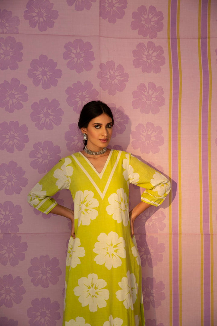 BAHAAR OLIVE YELLOW V-NECK BIG FLOWER KURTA WITH STRIPE PANT