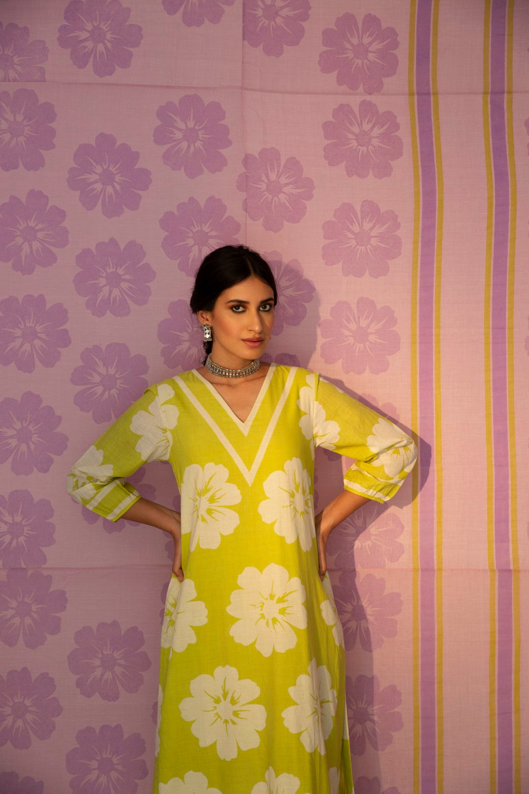 BAHAAR OLIVE YELLOW V-NECK BIG FLOWER KURTA WITH STRIPE PANT