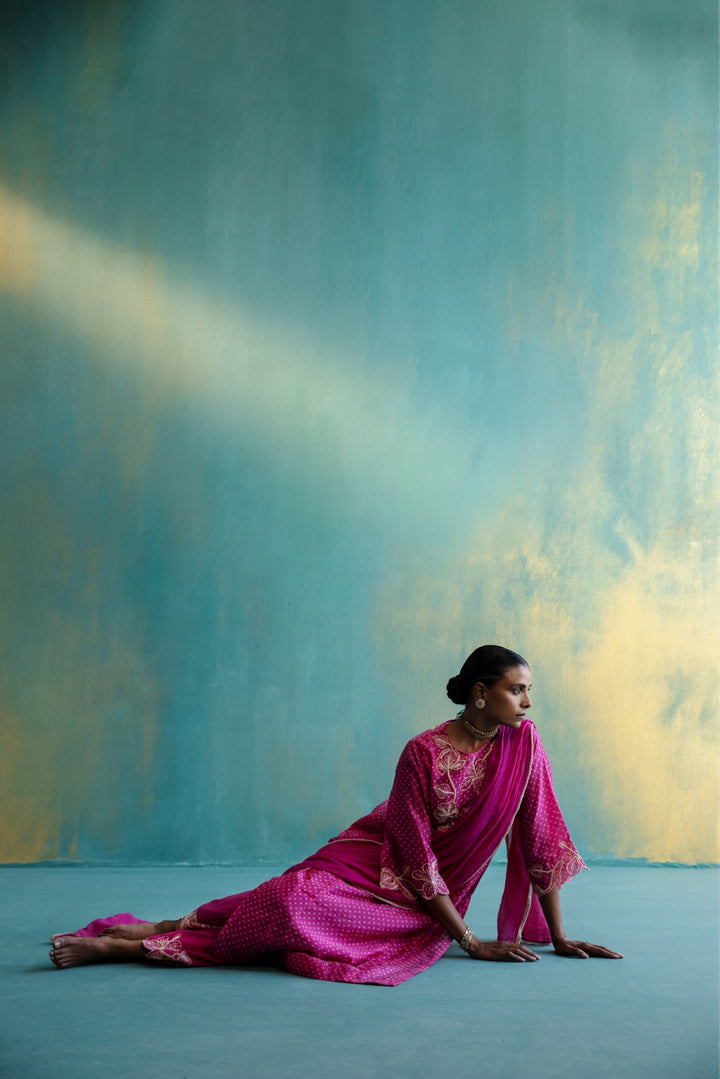 Dil-kash Pink Chanderi Kurta with Long Yoke Floral Embroidery On Polka