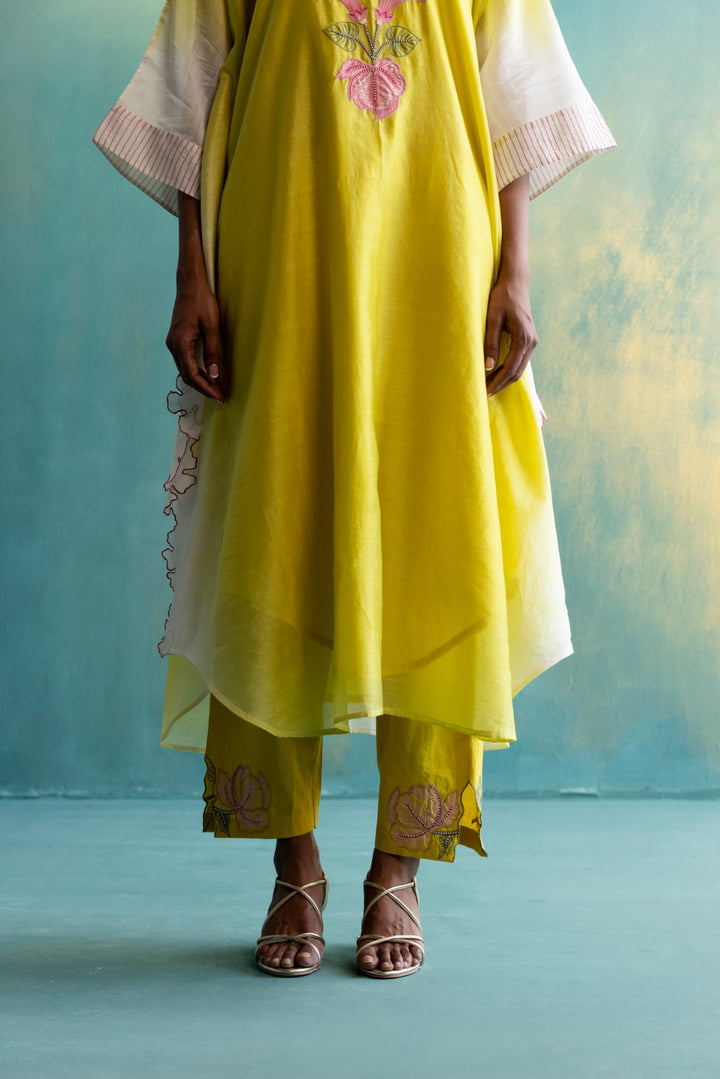 DIL-KASH DIP DYE YELLOW AND OFF-WHITE CHANDERI  V-NECK EMBROIDERY KAFTAAN