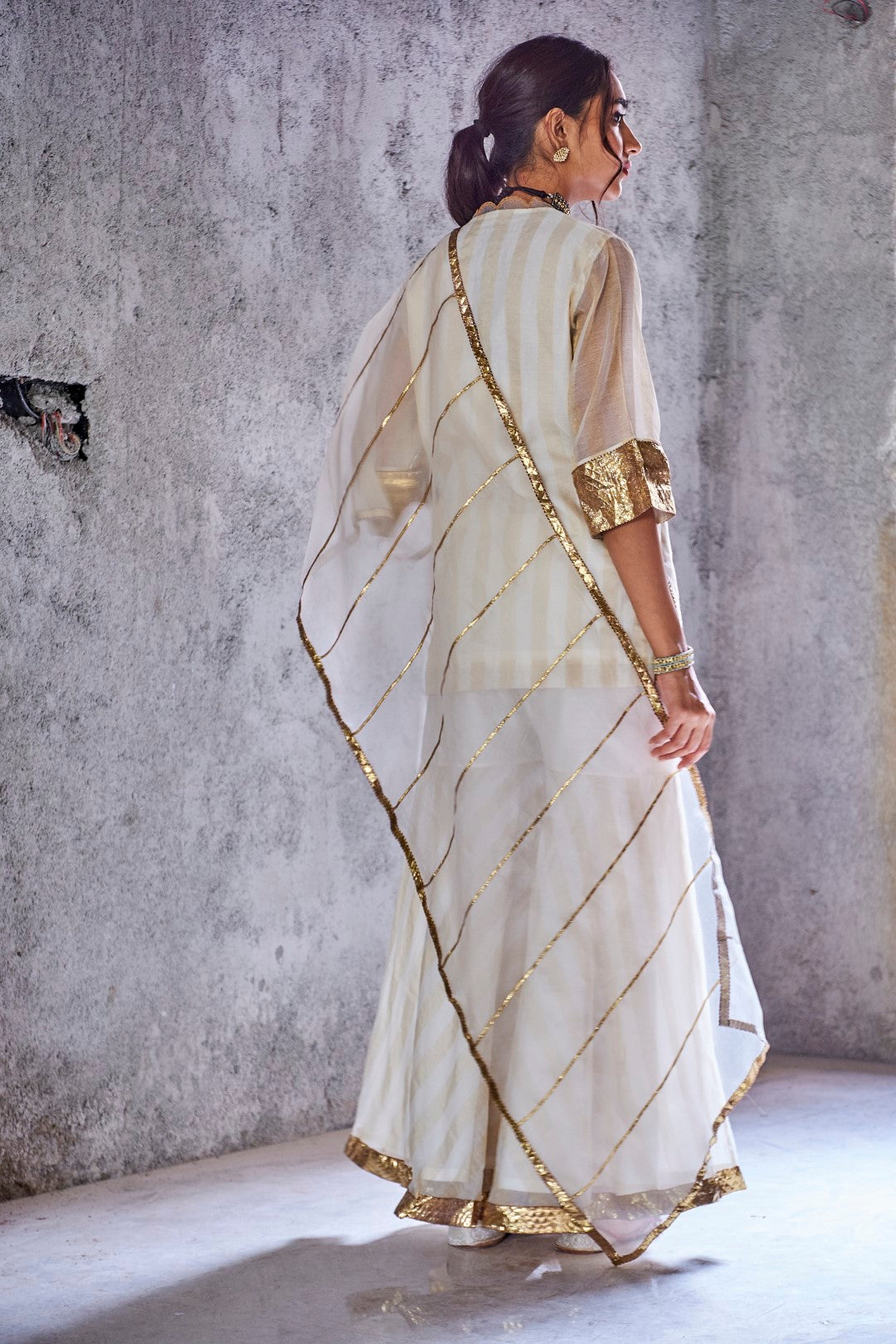 IVORY GOLD ZARI STRIPE HANDWOVEN CHANDERI MEERA GHARARA