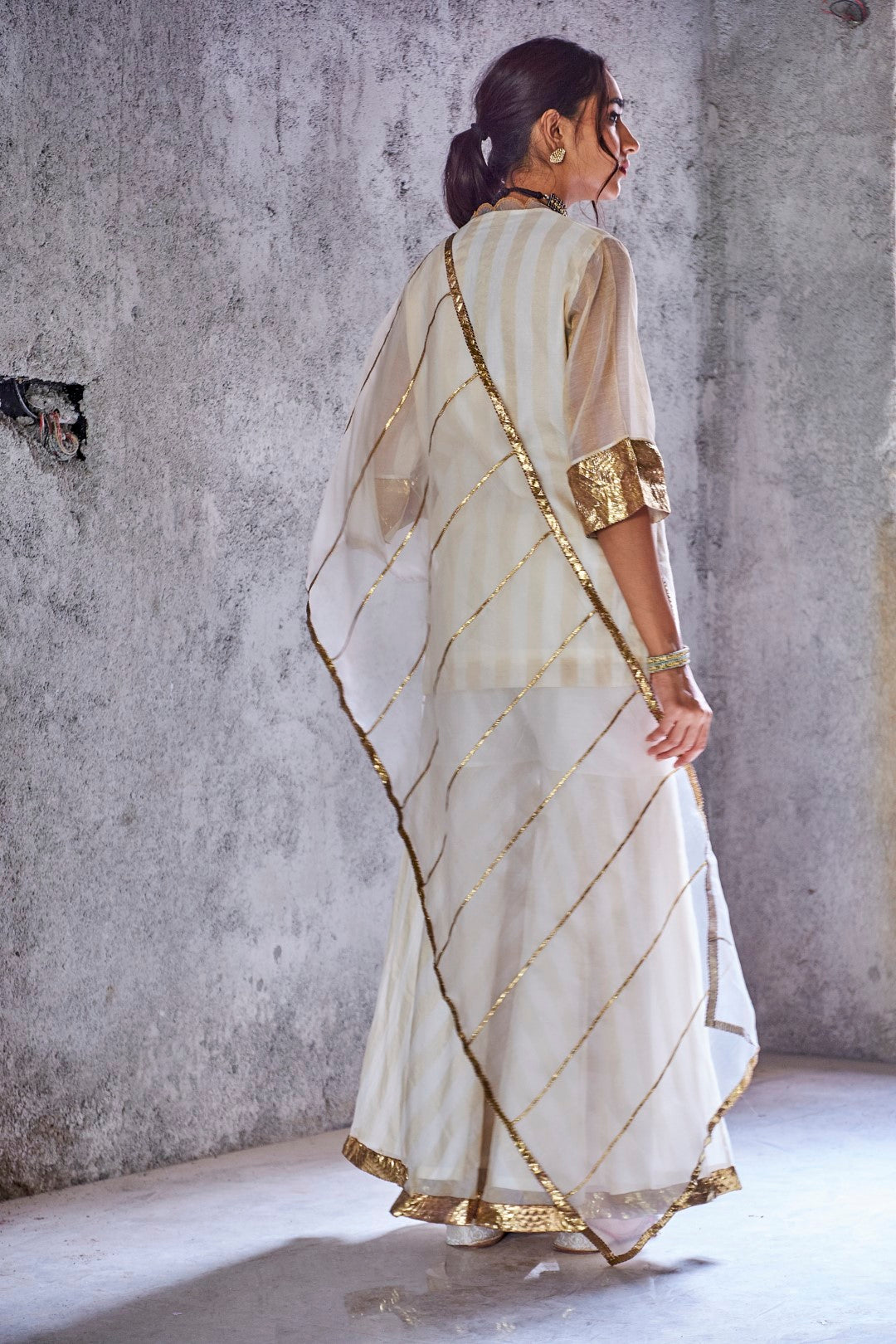 IVORY GOLD ZARI STRIPE HANDWOVEN CHANDERI MEERA GHARARA