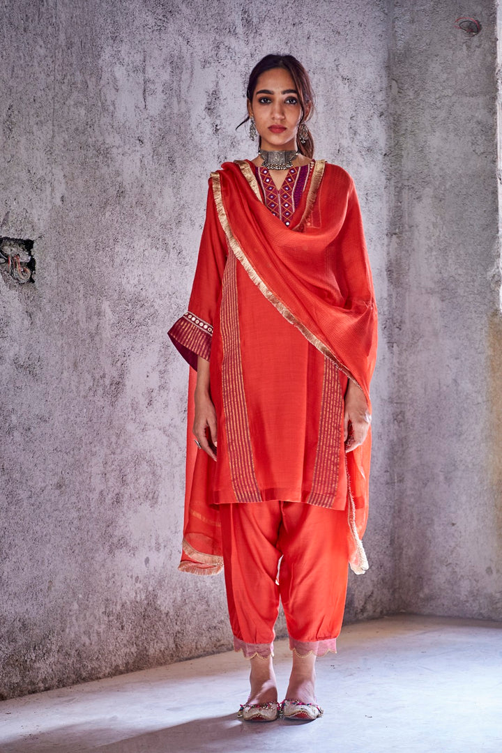 LAXMI-RED HANDWOVEN ZARI STRIPE CHANDERI EMBROIDERED KURTA SET