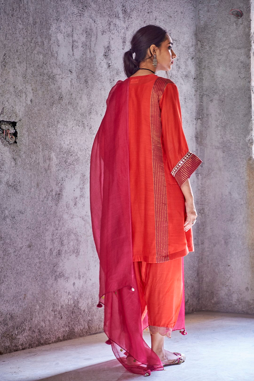 RED HANDWOVEN ZARI STRIPE CHANDERI EMBROIDERED LAXMI KURTA WITH SALWAR AND DUPATTA