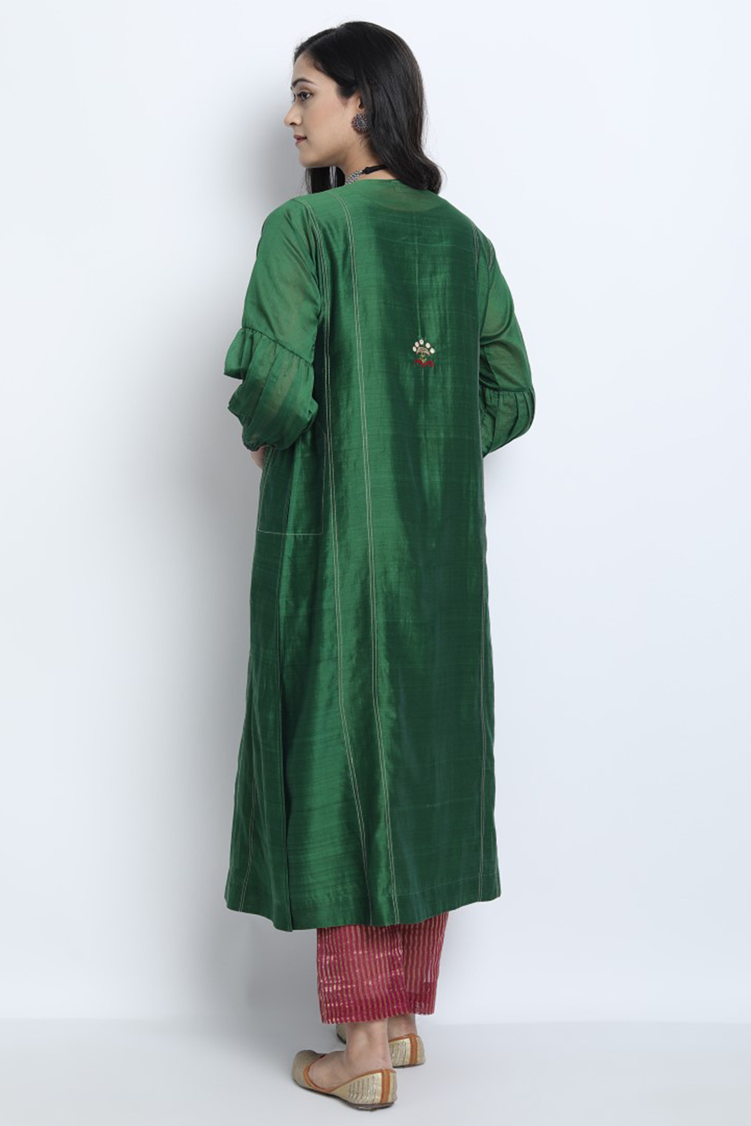 EMERALD GREEN SILK CHANDERI EMBROIDERED RUKMANI KURTA WITH PANT AND DUPATTA