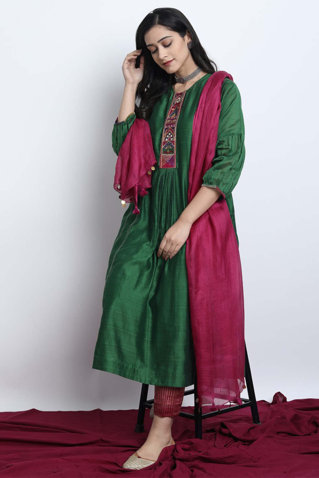 EMERALD GREEN SILK CHANDERI EMBROIDERED RUKMANI KURTA WITH PANT AND DUPATTA