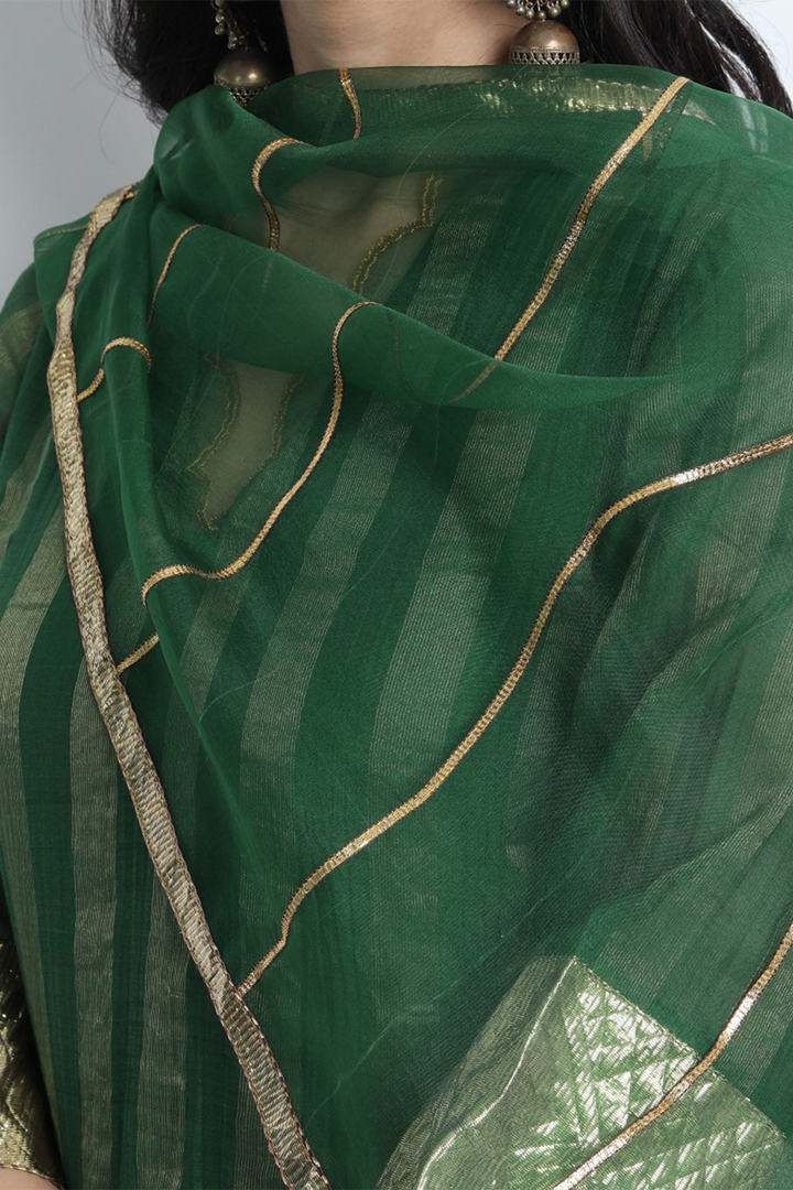 MEERA-EMERALD GREEN ZARI STRIPE CHANDERI SHORT KURTA SET