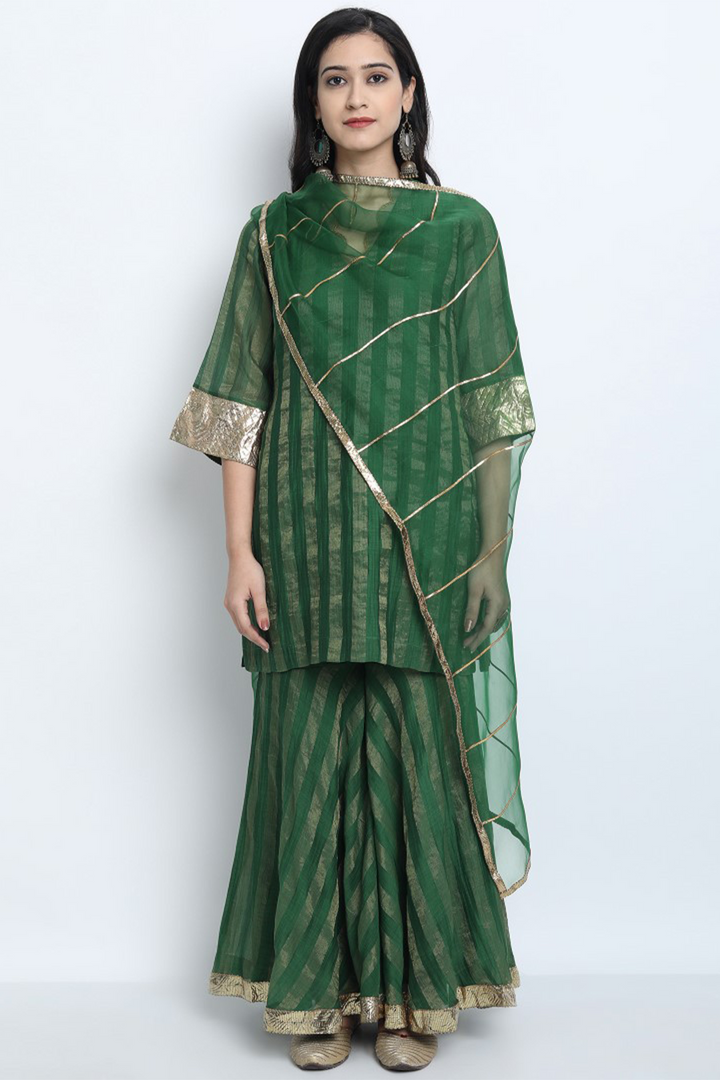 MEERA-EMERALD GREEN ZARI STRIPE CHANDERI SHORT KURTA SET