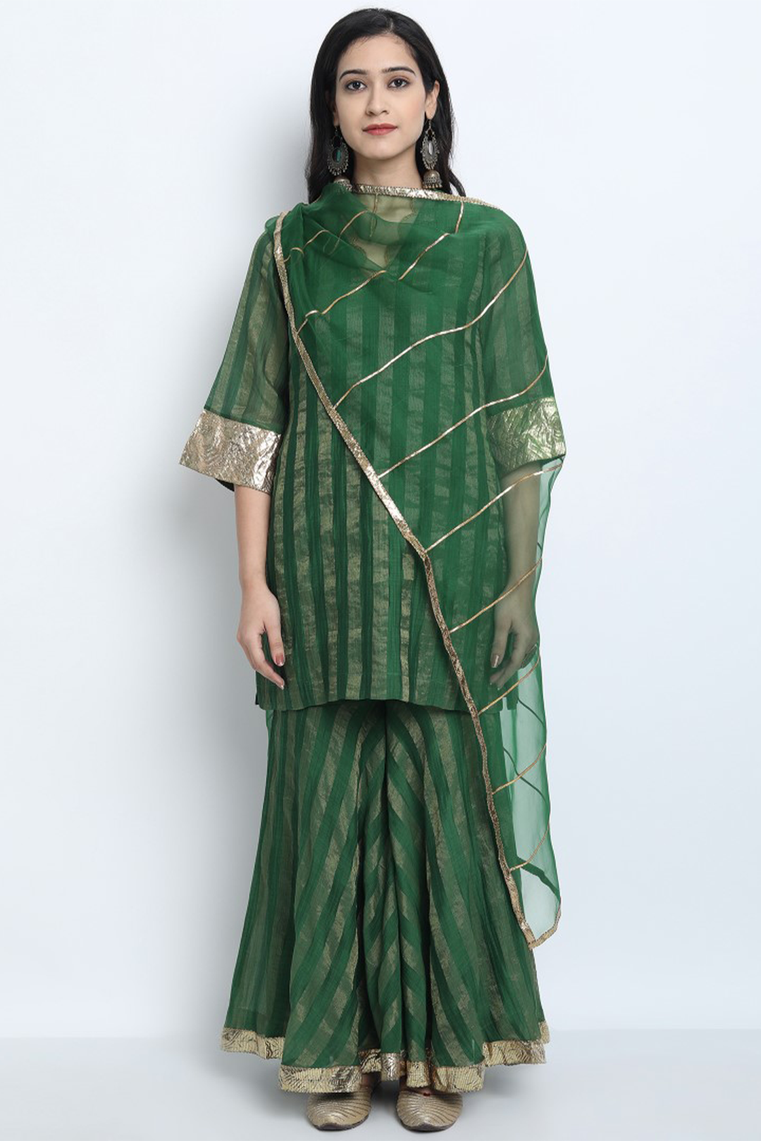 MEERA-EMERALD GREEN ZARI STRIPE CHANDERI SHORT KURTA SET