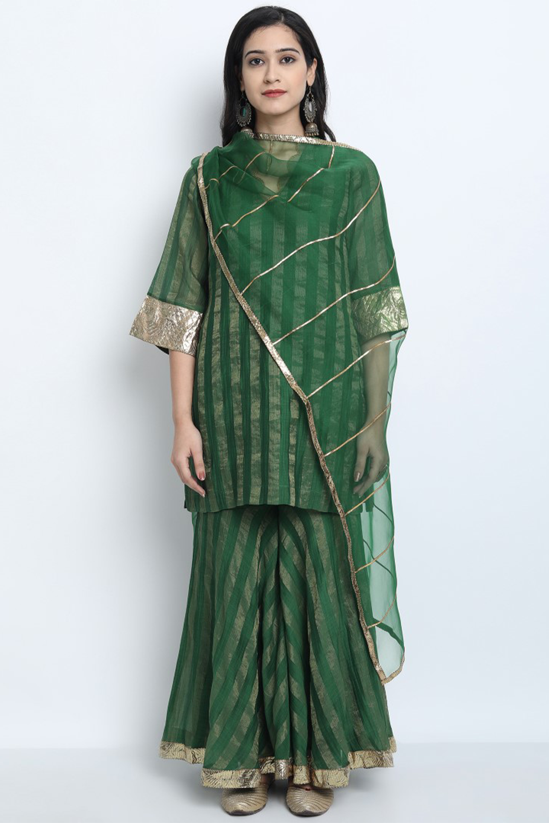 EMERALD GREEN ZARI STRIPE CHANDERI MEERA GHARARA WITH SHORT KURTA AND DUPATTA.