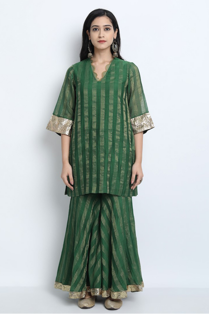 EMERALD GREEN ZARI STRIPE CHANDERI MEERA SHORT KURTA