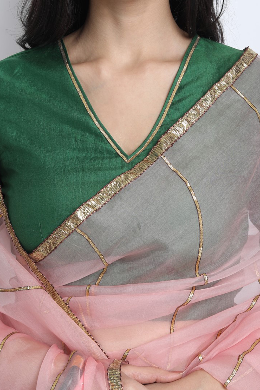 BABY PINK NATURAL SILK WITH ORGANZA SAMYUKTA SAREE WITH EMERALD GREEN SILK EMBROIDERED BLOUSE