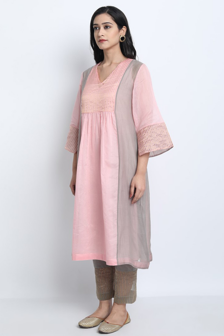 BABY PINK SILK CHANDERI PINTUCK UMA KURTA