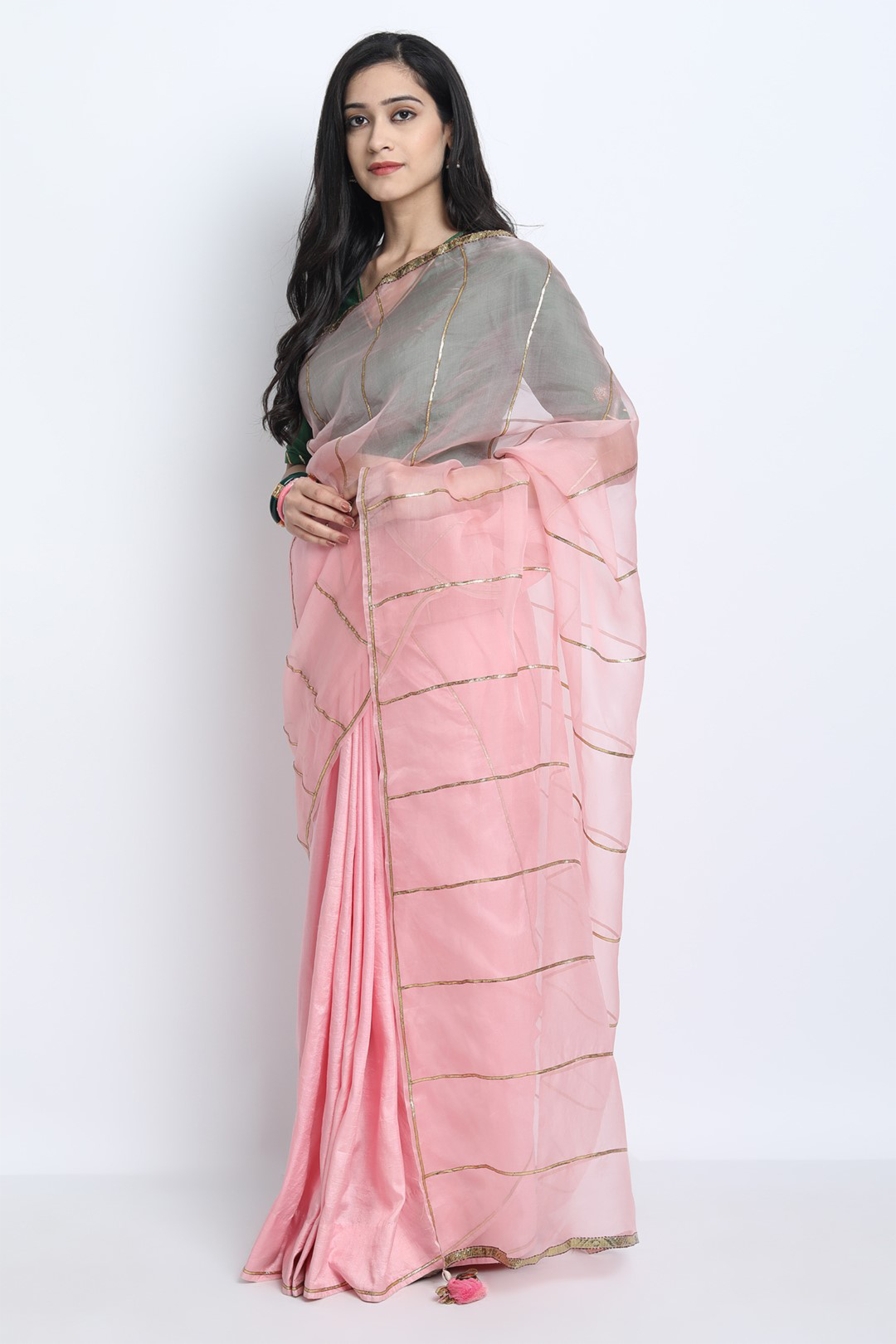 BABY PINK NATURAL SILK WITH ORGANZA SAMYUKTA SAREE WITH EMERALD GREEN SILK EMBROIDERED BLOUSE