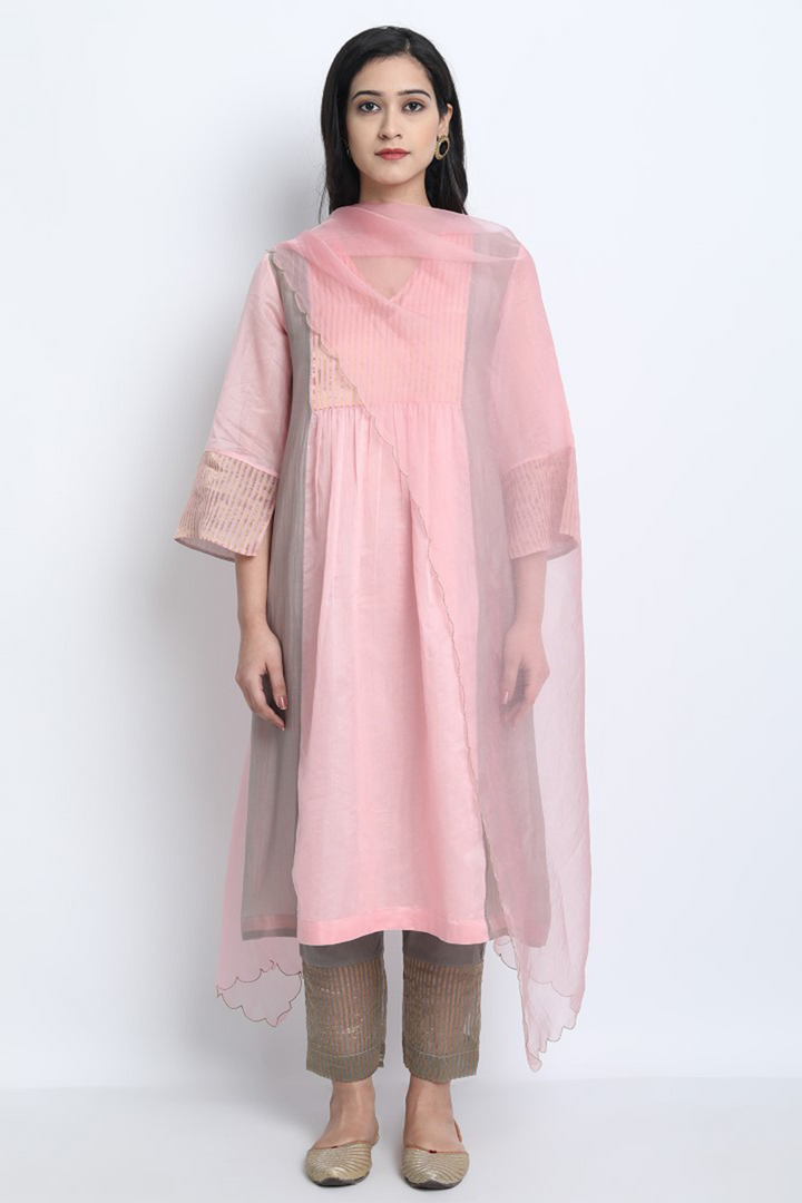 BABY PINK SILK CHANDERI PINTUCK UMA KURTA