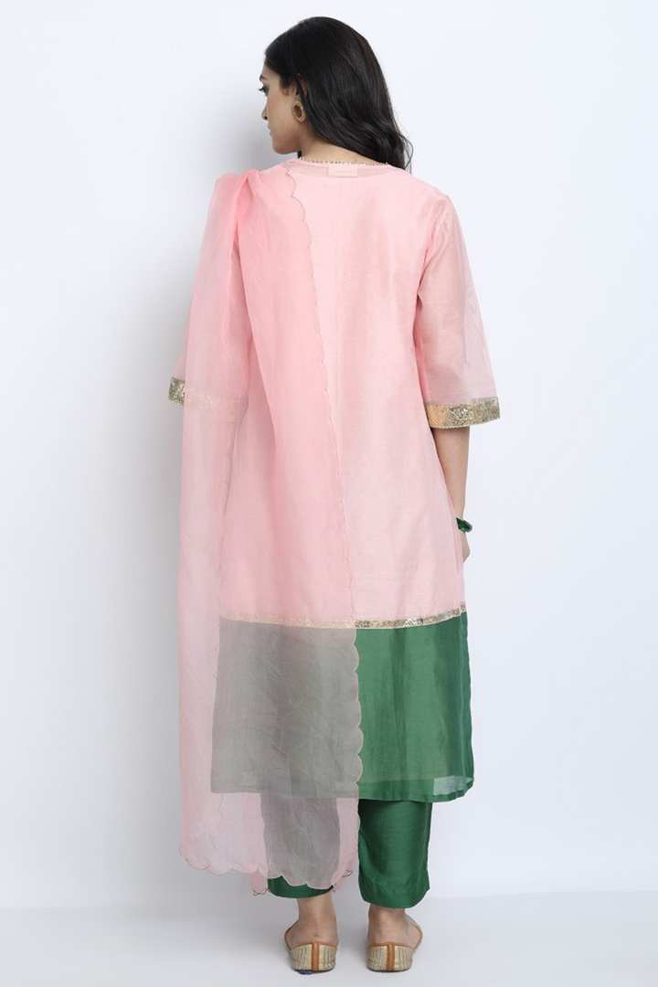 GAYATRI-BABY PINK AND EMERALD GREEN CHANDERI COLOUR BLOCK KURTA SET