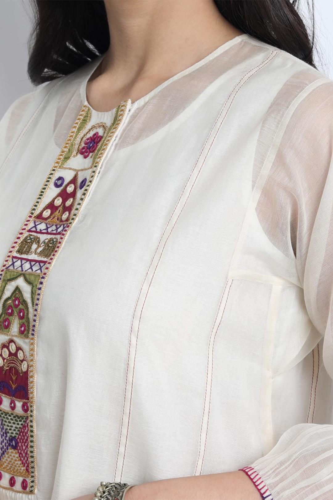 IVORY CHANDERI EMBROIDERED RUKMANI KURTA AND OLIVE GREEN PANTS