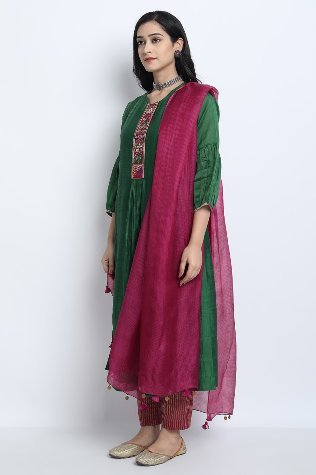 EMERALD GREEN SILK CHANDERI EMBROIDERED RUKMANI KURTA WITH PANT AND DUPATTA