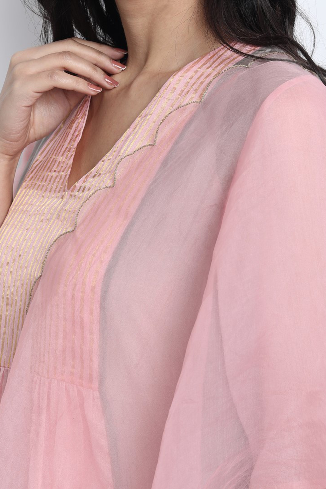 BABY PINK AND GREY SILK CHANDERI UMA KURTA WITH PANT AND DUPATTA