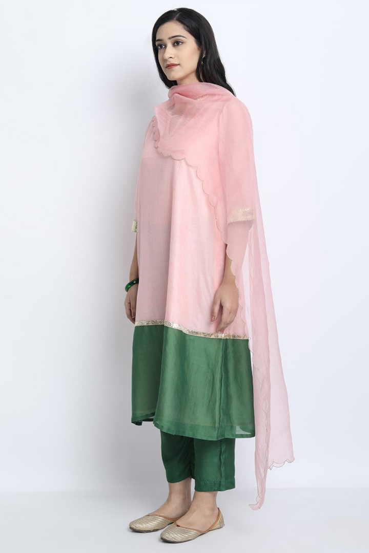GAYATRI-BABY PINK AND EMERALD GREEN CHANDERI COLOUR BLOCK KURTA SET