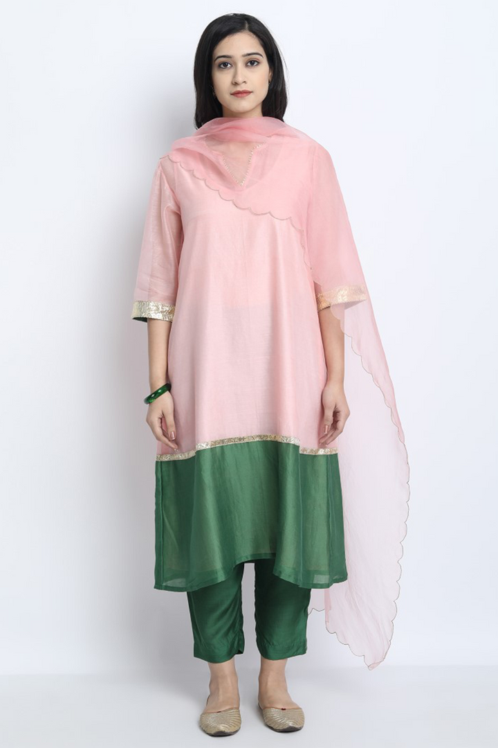 GAYATRI-BABY PINK AND EMERALD GREEN CHANDERI COLOUR BLOCK KURTA SET