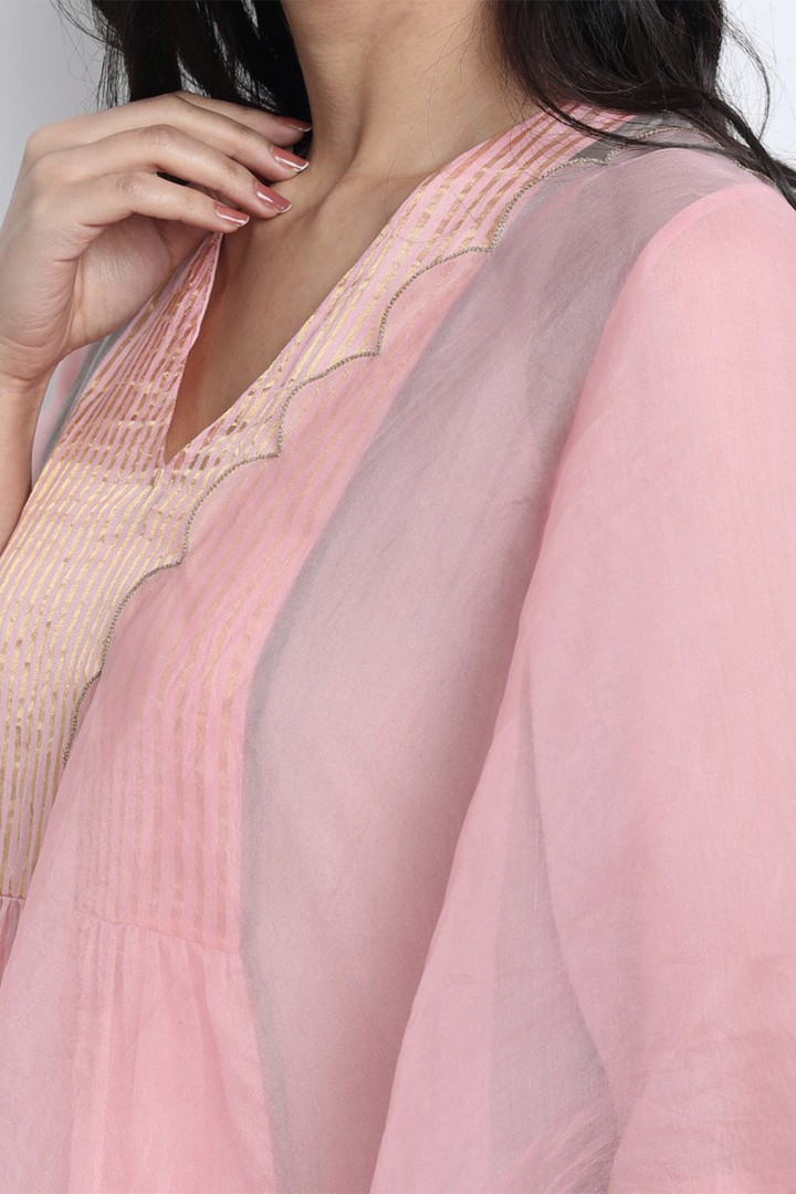 BABY PINK SILK CHANDERI PINTUCK UMA KURTA