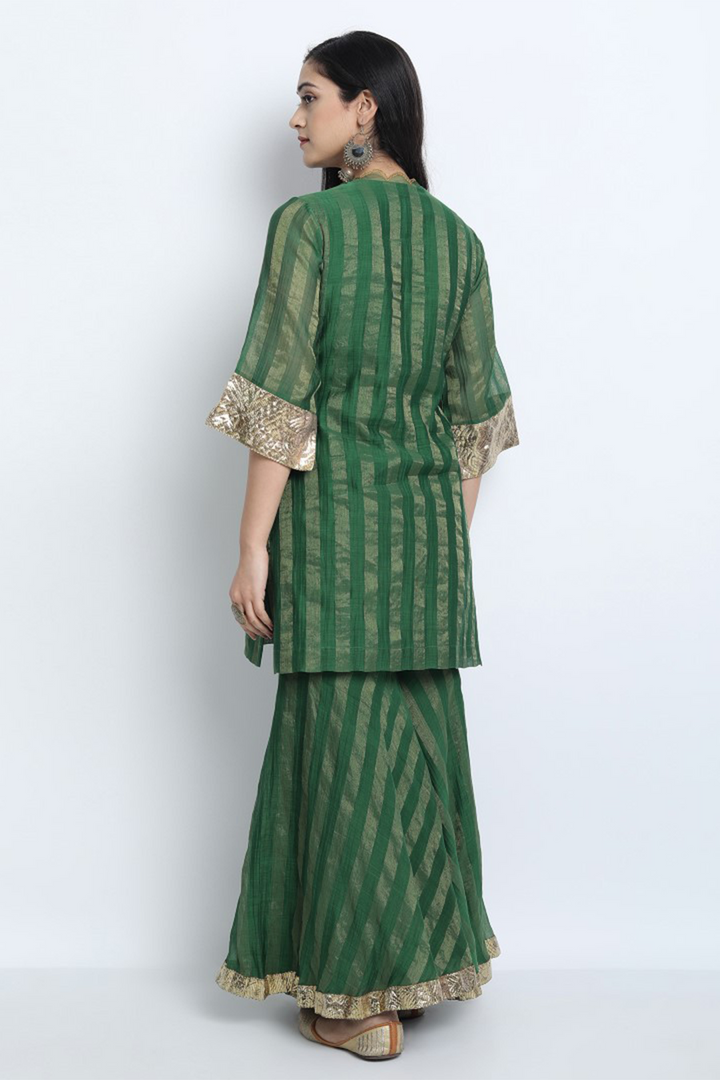 MEERA-EMERALD GREEN ZARI STRIPE CHANDERI SHORT KURTA SET