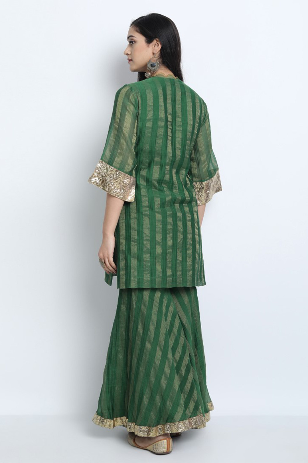 EMERALD GREEN ZARI STRIPE CHANDERI MEERA GHARARA WITH SHORT KURTA AND DUPATTA.