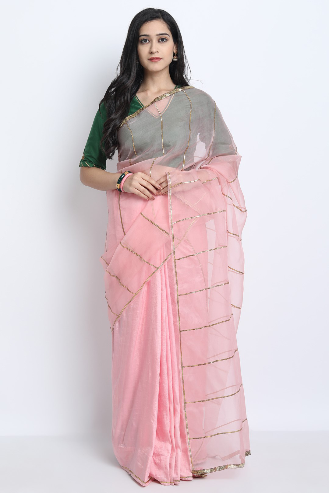 BABY PINK NATURAL SILK WITH ORGANZA SAMYUKTA SAREE WITH EMERALD GREEN SILK EMBROIDERED BLOUSE