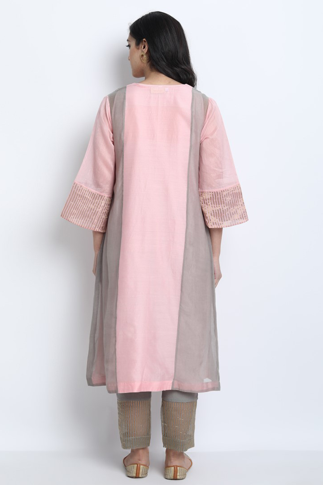 BABY PINK AND GREY SILK CHANDERI UMA KURTA WITH PANT AND DUPATTA